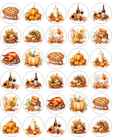 Collection of Thanksgiving-themed images including pumpkins, pies, and turkeys on a white background.