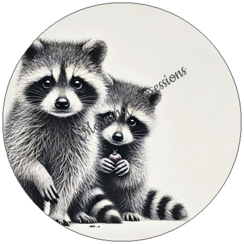 Handmade stickers featuring two raccoons