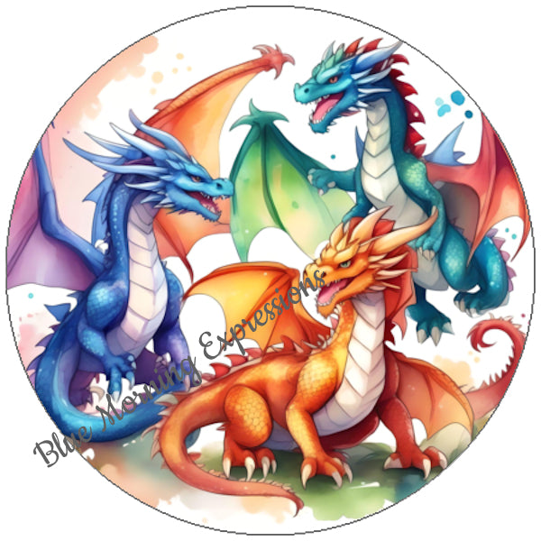 Handmade stickers with three colorful dragons