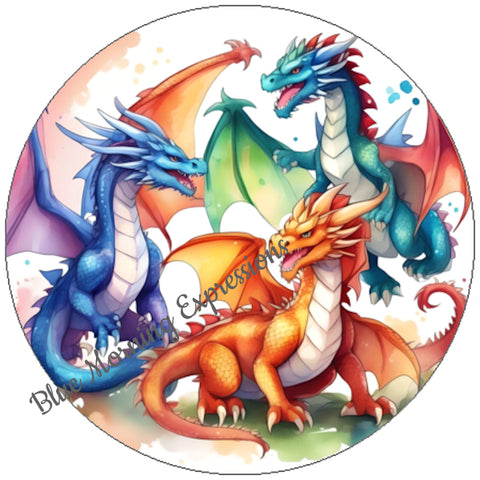 Handmade stickers with three colorful dragons