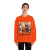 Person wearing an orange sweatshirt with Halloween-themed design and text on a white background