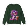 Green sweatshirt with a unicorn and coffee cup graphic on a white background
