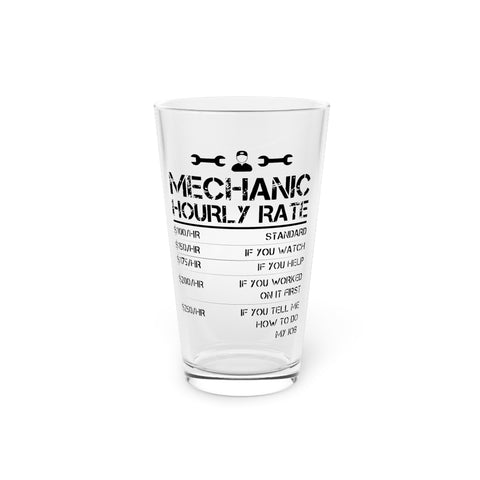 Gift for Gearheads Mechanic Rates Funny Pint Glass, 16oz Beer Tumbler