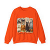 Orange sweatshirt with Halloween-themed design featuring a ghost, pumpkin, and black cat on a white background.