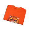 Folded orange sweatshirt with a cat graphic on a white background