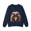 Navy blue sweatshirt with a raccoon holding a coffee cup design on a white background