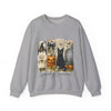 Gray sweatshirt with Halloween-themed design featuring a black cat, pumpkin, and ghost on a white background.