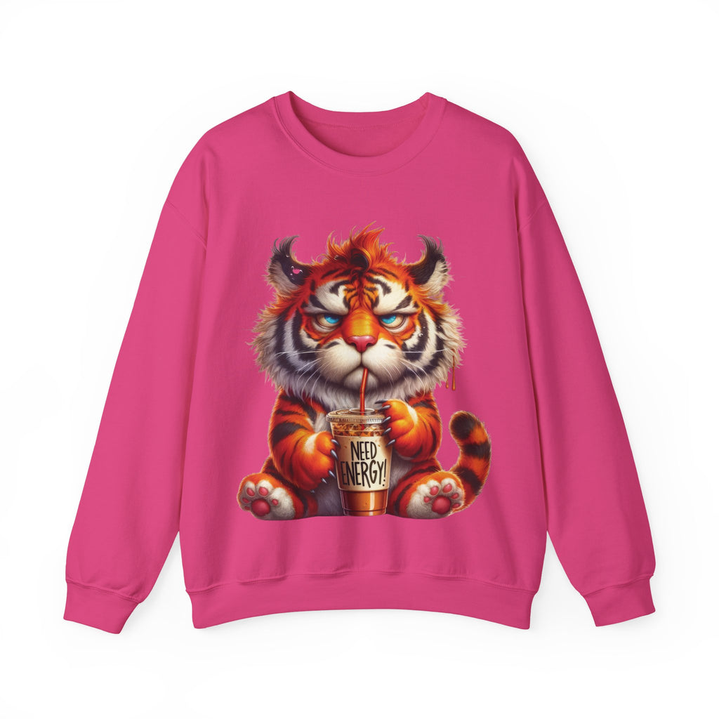 Funny Coffee Tiger Sweatshirt “Need Energy” Unisex Cozy Fall Pullover Sweater