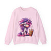 Pink sweatshirt with a cartoon unicorn and coffee cup design on a white background
