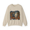 Beige sweatshirt with Halloween-themed graphic and text on a white background