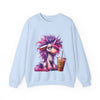Light blue sweatshirt with a cartoon unicorn holding a coffee cup on a white background