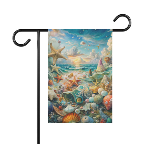 Decorative garden flag with ocean-themed design featuring starfish, shells, and a sunset.