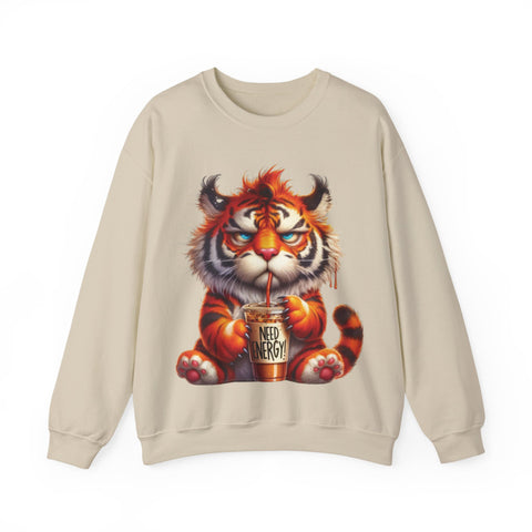 Funny Coffee Tiger Sweatshirt “Need Energy” Unisex Cozy Fall Pullover Sweater