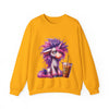 Yellow sweatshirt with a cartoon pony and coffee cup design on a white background