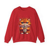 Red sweatshirt with a cat graphic holding a coffee cup on a white background
