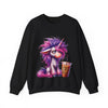 Black sweatshirt with a colorful unicorn and coffee cup graphic on a white background