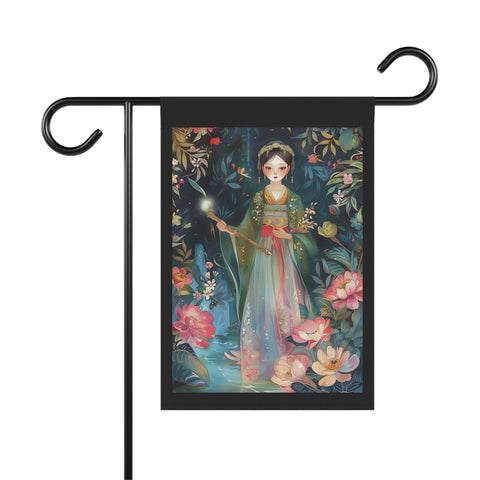 Decorative garden flag with a woman in a traditional outfit surrounded by flowers on a white background.