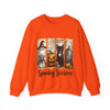 Orange sweatshirt with Halloween-themed design featuring ghost, pumpkin, cat, and tombstone on a white background.
