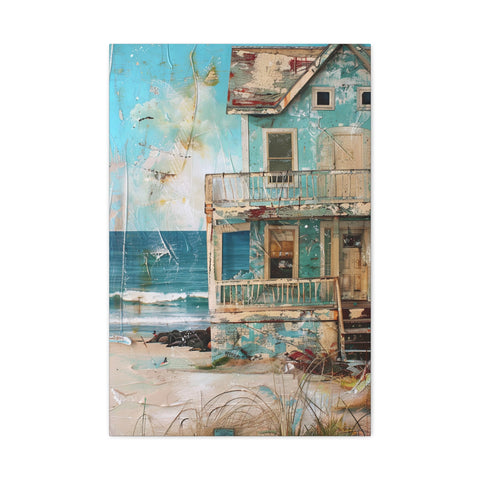 Whimsical Beach House Ocean Canvas Print Blue Art Coastal Decor Wall Hanging
