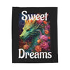 Blanket with a dragon and floral design on a black background with 'Sweet Dreams' text.