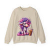 Beige sweatshirt with a colorful unicorn design holding a coffee cup on a white background