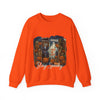 Orange sweatshirt with Halloween-themed graphic and text on a white background