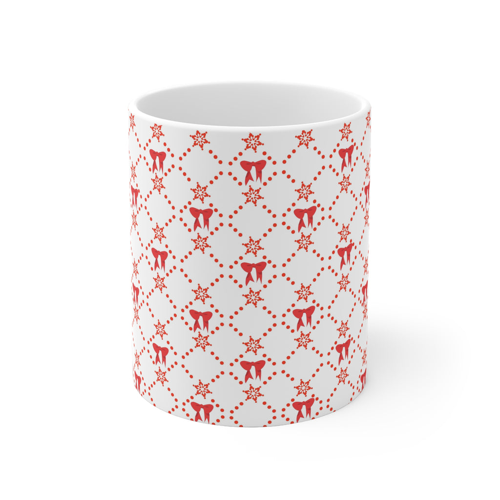 Christmas Mug with Red Bows White Ceramic Holiday Cheer 2-sizes 