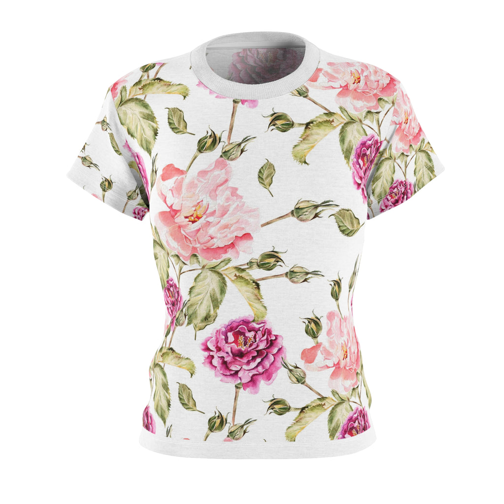 Pink Rose Women's Cut & Sew Tee (AOP) Shirt Lightweight Floral Pattern