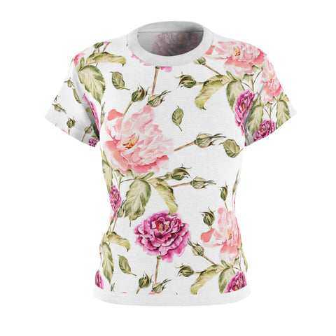 Pink Rose Women's Cut & Sew Tee (AOP) Shirt Lightweight Floral Pattern
