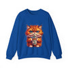 Blue sweatshirt with a cartoon cat holding a coffee cup on a white background