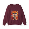 Maroon sweatshirt with a cartoon cat holding a coffee cup on a white background