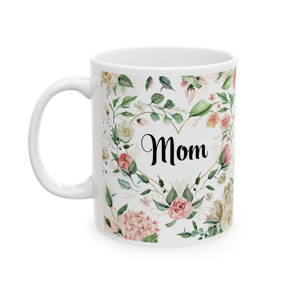 White mug with floral design and 'Mom' text on a white background