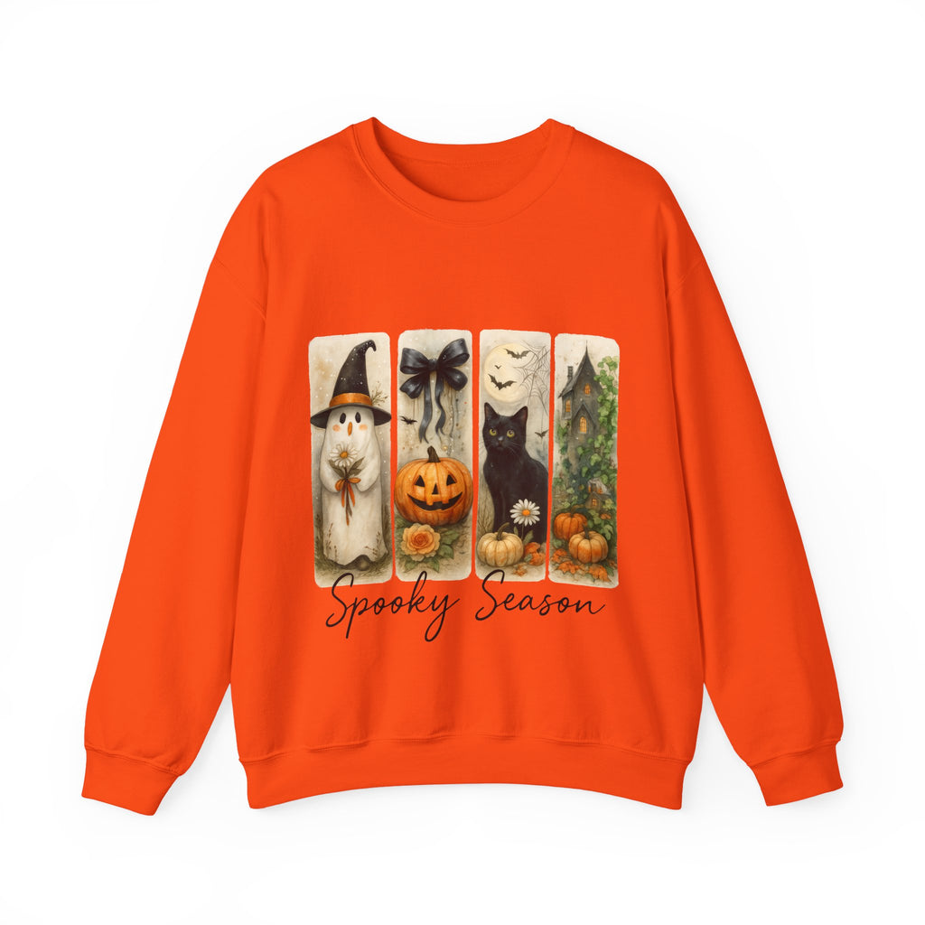 Orange sweatshirt with Halloween-themed design on a white background