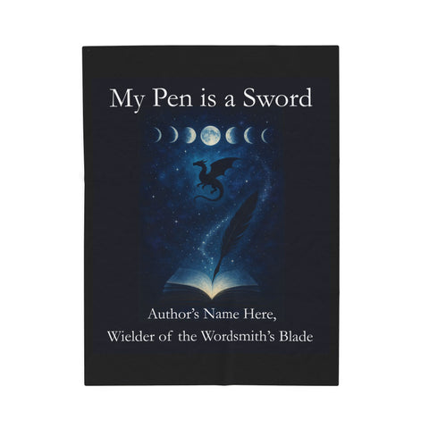 Book cover with dragon, moon phases, and 'My Pen is a Sword' text on a dark background