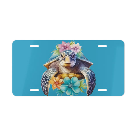 Front License Plate, Sea Turtle Tropical Flowers Ocean Beach Vanity Tag Decor