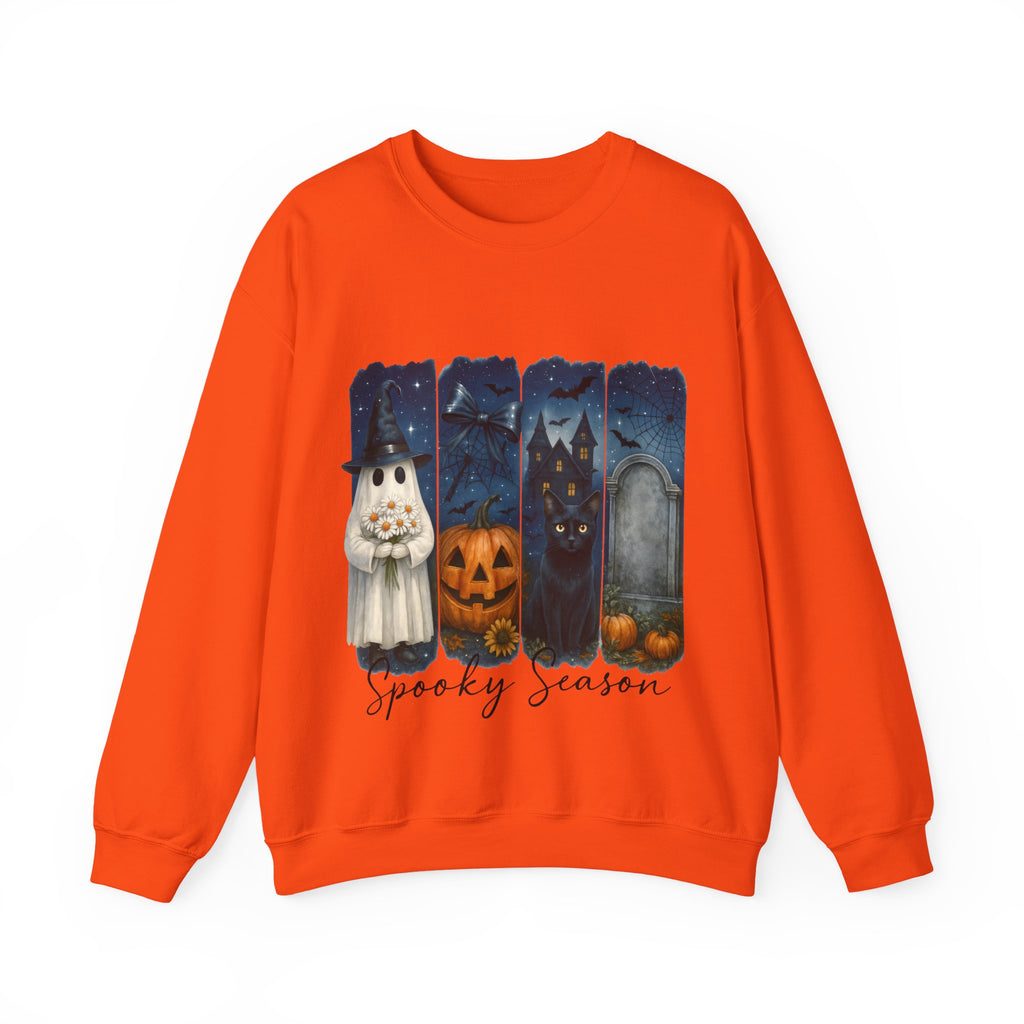 Orange sweatshirt with Halloween-themed design featuring a ghost, cat, and pumpkin on a white background.