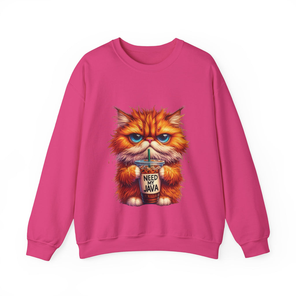 Pink sweatshirt with a cat holding a coffee cup graphic on a white background