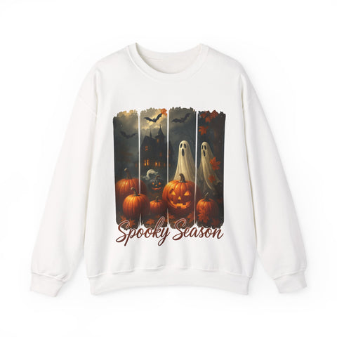 White sweatshirt with Halloween-themed design featuring pumpkins and ghosts on a white background