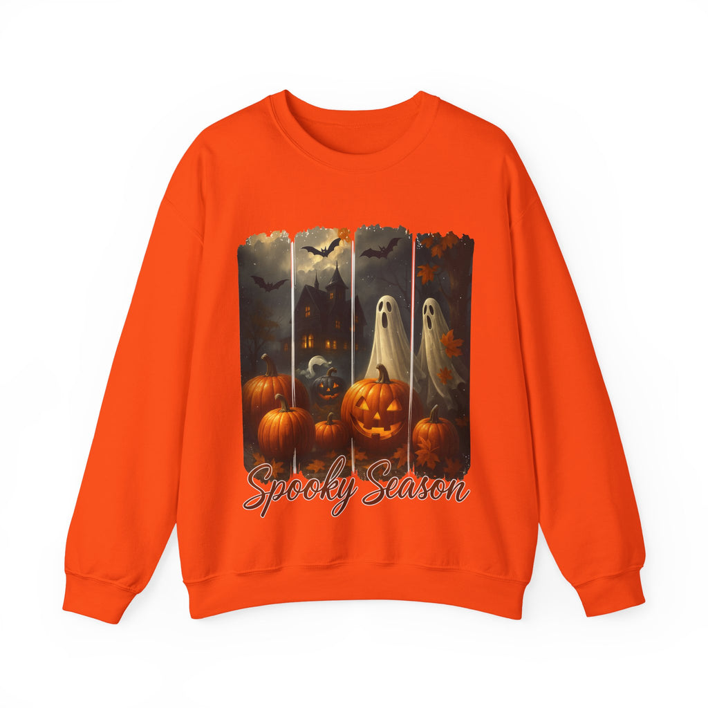 Orange sweatshirt with Halloween-themed design featuring pumpkins and ghosts on a white background.