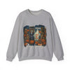 Gray sweatshirt with Halloween-themed graphic and text on a white background