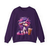 Purple sweatshirt with a unicorn graphic and a coffee cup on a white background