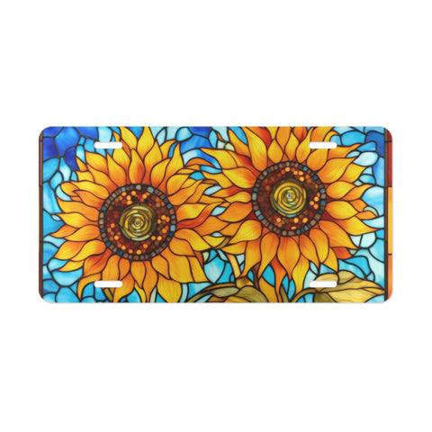 Stained Glass Sunflower Front License Plate – Bright Floral Art Car Tag