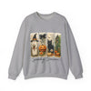 Gray sweatshirt with Halloween-themed design featuring a black cat, jack-o'-lantern, and broomstick on a white background.