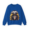 Blue sweatshirt with a raccoon graphic holding a coffee cup on a white background