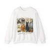 White sweatshirt with Halloween-themed design featuring a black cat, pumpkin, and witch on a white background.