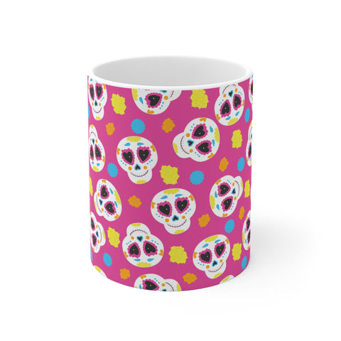 Pink Sugar Skull Day of the Dead White Ceramic Mug