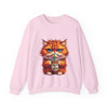 Pink sweatshirt with a cat graphic holding a coffee cup on a white background