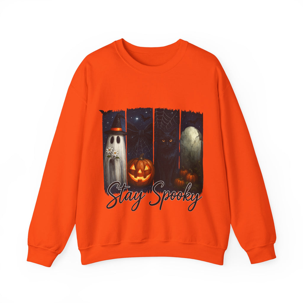Orange sweatshirt with Halloween-themed design and 'Stay Spooky' text on a white background