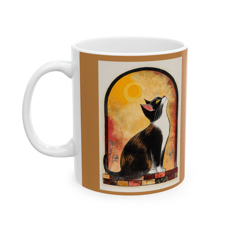 Artistic Ceramic Mug, Unique Coffee Cup, Cat and Moon Print, Gift for Art