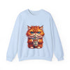 Light blue sweatshirt with a cartoon cat holding a coffee cup on a white background
